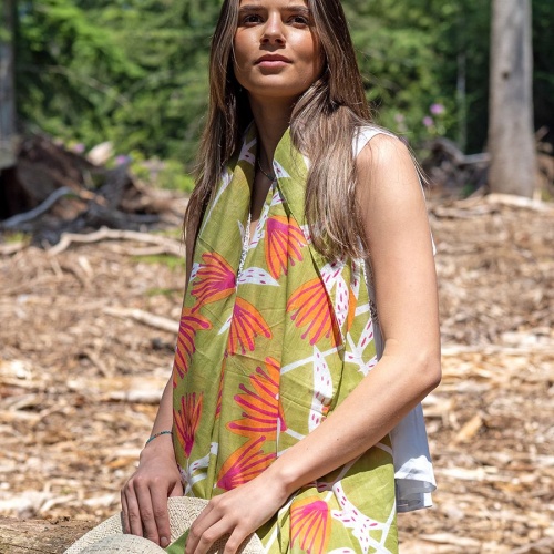 Organic Cotton Olive & Orange Mix Flower Print  Scarf by Peace of Mind